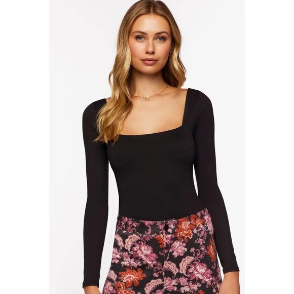 NWT FOREVER 21 Long-Sleeve Cutout Bodysuit Size S Color Black - Picture 2 of 7